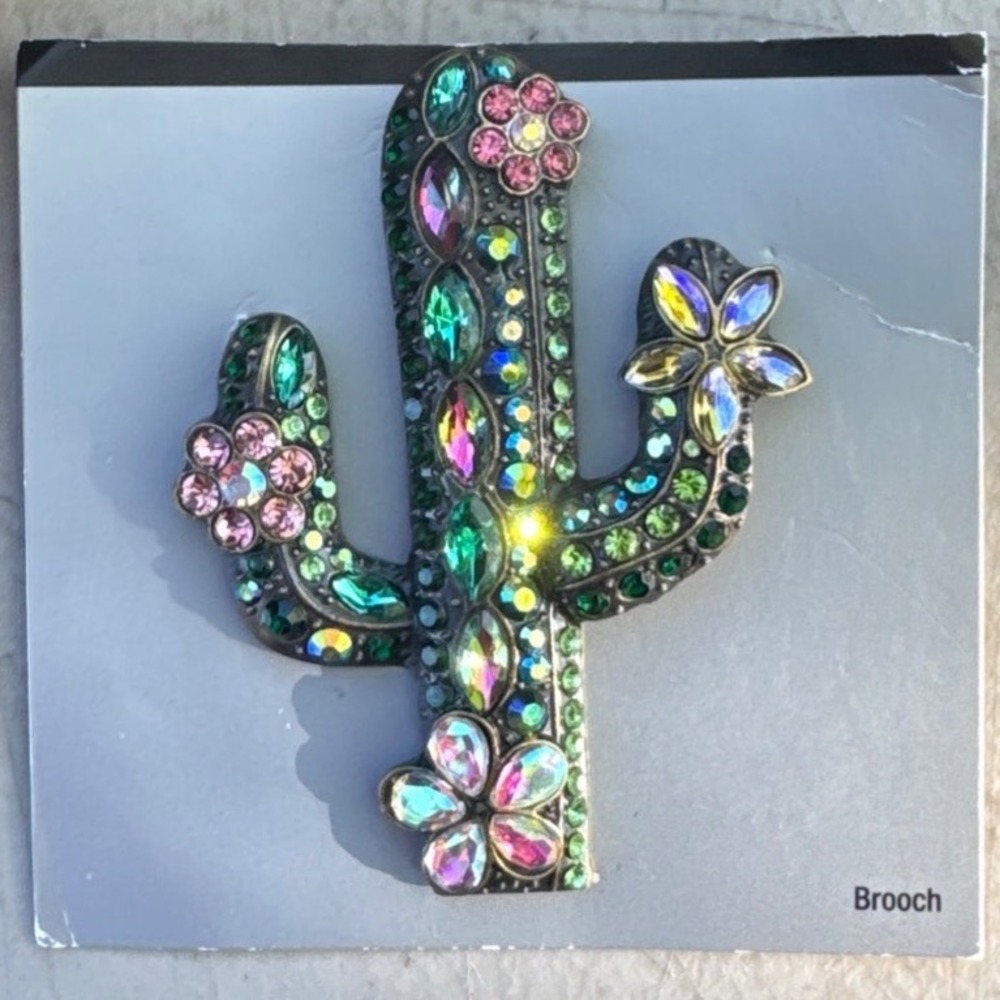 Multicolor Rhinestone Saguaro Cactus Brooch Pin Desert Floral Crystal Jewelry
